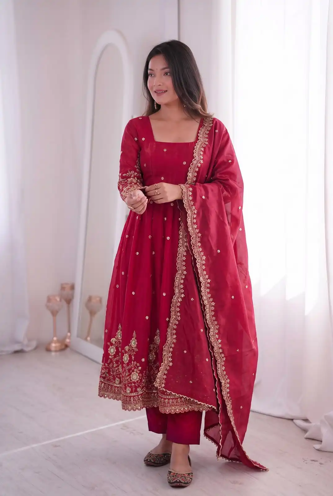 ZB 5073 Red Fendy Silk Gown Perfect for Wedding, Party, Baisakhi, Traditional Day, Makar Sankranti – . Introductory Price ₹2049. Delivery 4-6 Working Days. | Bollywood Gowns, Creative Gowns, Designer Gowns, Embroidered Gowns, Gowns, Party Wear Gowns