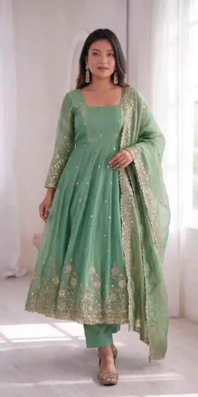 ZB 5073 Sea Green Fendy Silk Gown Perfect for Wedding, Party, Traditional, Makar Sankranti – . Introductory Price ₹2049. Delivery 4-6 Working Days. | Bollywood Gowns, Creative Gowns, Designer Gowns, Embroidered Gowns, Gowns, Party Wear Gowns