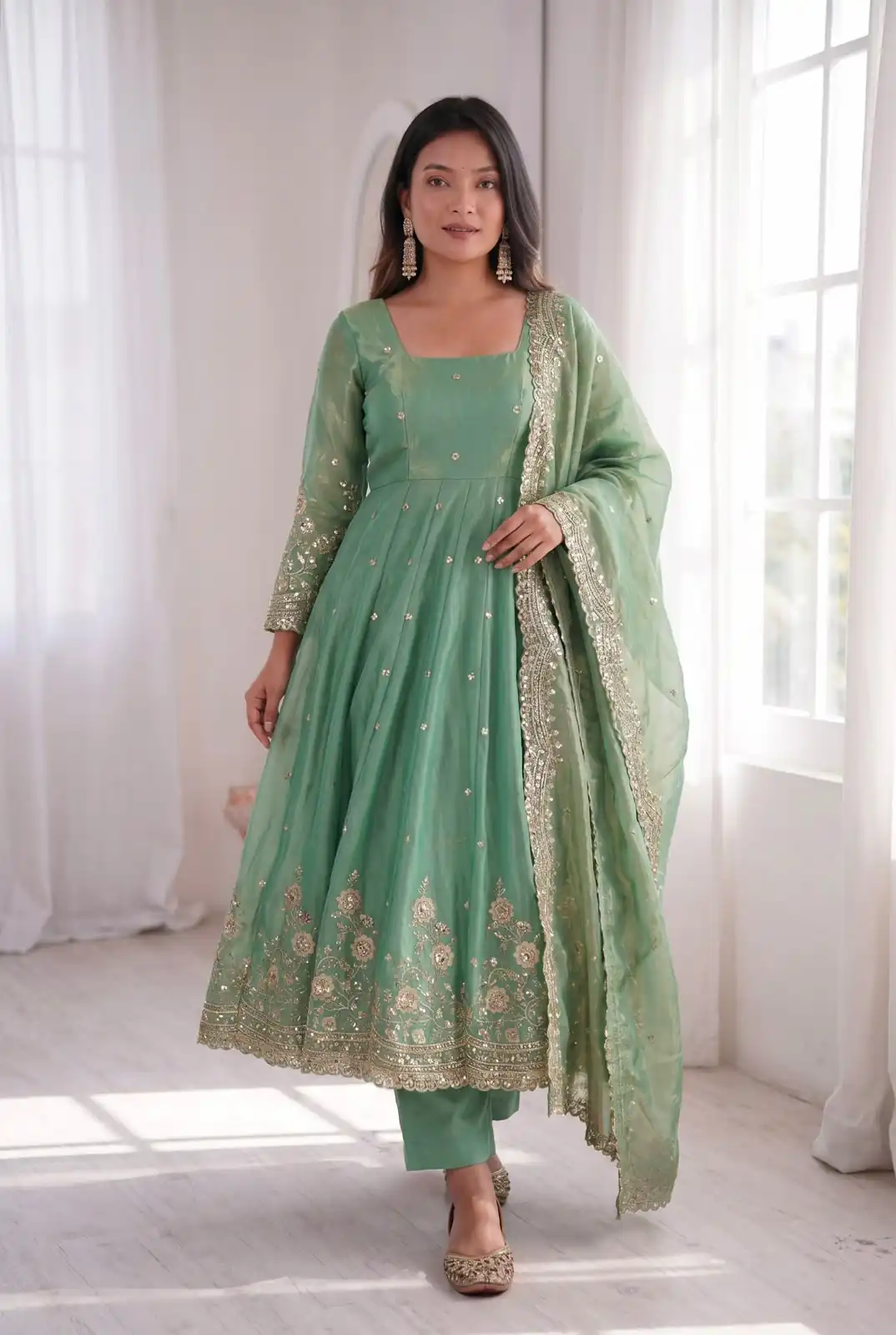 ZB 5073 Sea Green Fendy Silk Gown Perfect for Wedding, Party, Traditional, Makar Sankranti – . Introductory Price ₹2049. Delivery 4-6 Working Days. | Bollywood Gowns, Creative Gowns, Designer Gowns, Embroidered Gowns, Gowns, Party Wear Gowns