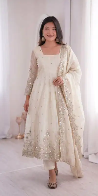 ZB 5073 White Fendy Silk Gown Perfect for Wedding, Party, Baisakhi, Traditional Day, Makar Sankranti – Introductory Price ₹2049. Delivery 4-6 Working Days. | Bollywood Gowns, Creative Gowns, Designer Gowns, Embroidered Gowns, Gowns, Party Wear Gowns