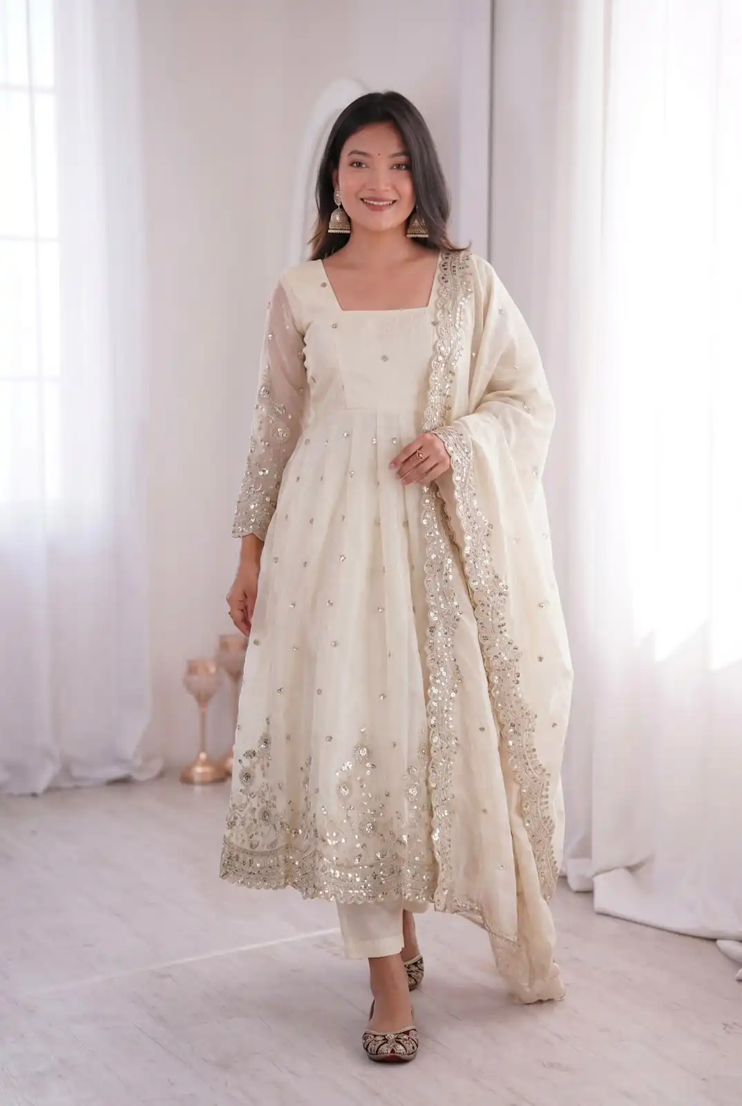 ZB 5073 White Fendy Silk Gown Perfect for Wedding, Party, Baisakhi, Traditional Day, Makar Sankranti – Introductory Price ₹2049. Delivery 4-6 Working Days. | Bollywood Gowns, Creative Gowns, Designer Gowns, Embroidered Gowns, Gowns, Party Wear Gowns