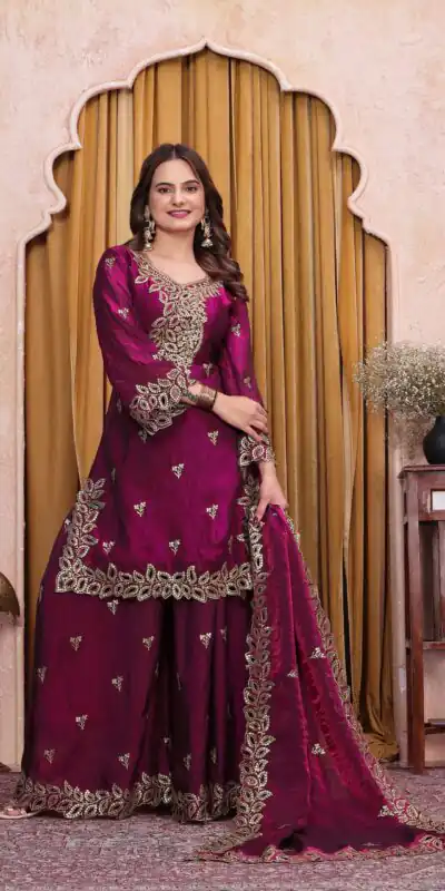 FE 141 Wine Fendy Silk Salwar Suit with Mirror Work & Embroidery Work. Best Price ₹2449. Delivery 4-6 Working Days. Shop now. | Jump Suits, Straight Suits, Casual Suits, Creative suits, Designer Suits, Palazzo Suits, Party Wear Suits, Patiala Suits, Salwar suit