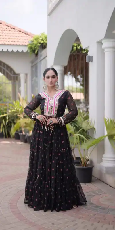 KA 1265 Black Color Faux Georgette Gown with Mirror Work. Wedding, Party, Festive, Events Get it for ₹1819. Delivery 4-6 Working Days.Online Shop now. | Bollywood Gowns, Creative Gowns, Designer Gowns, Embroidered Gowns, Gowns, Party Wear Gowns