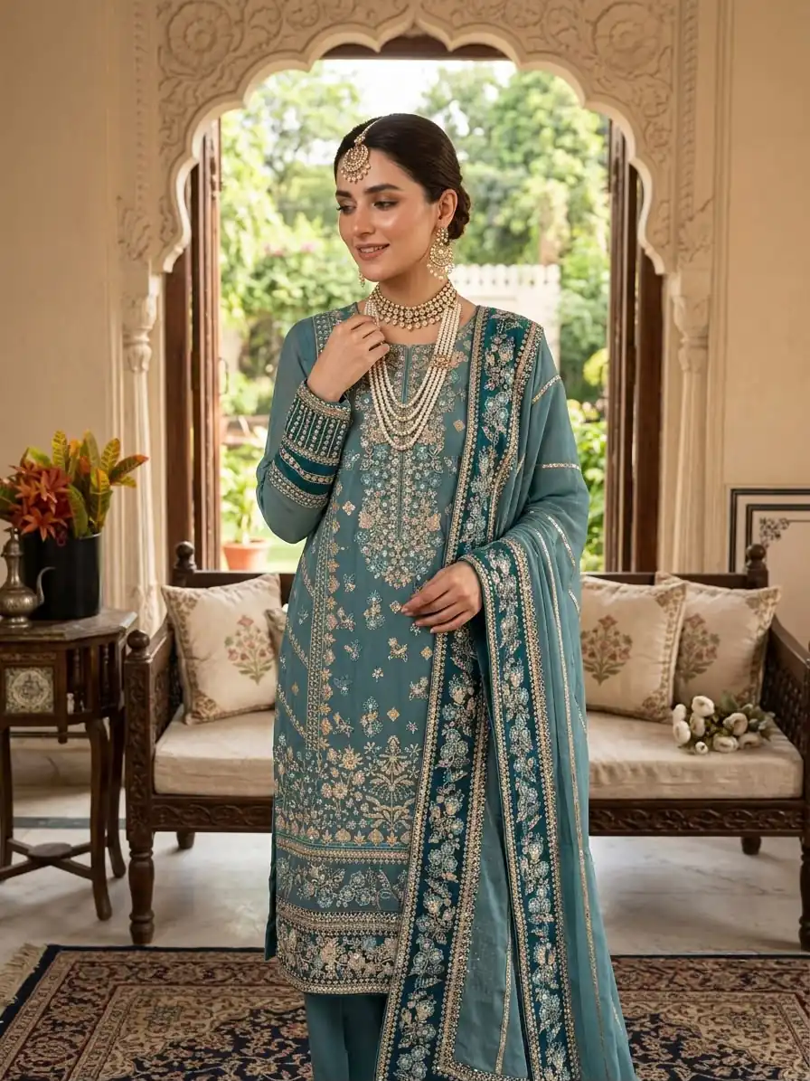 ZSR 3175 Blue Fox Georgette Salwar Suit with Embroidery Work & Sequins Work. Grab it for ₹2399. Delivery 4-6 Working Days. Shop now. | Jump Suits, Straight Suits, Casual Suits, Creative suits, Designer Suits, Palazzo Suits, Party Wear Suits, Patiala Suits, Salwar suit
