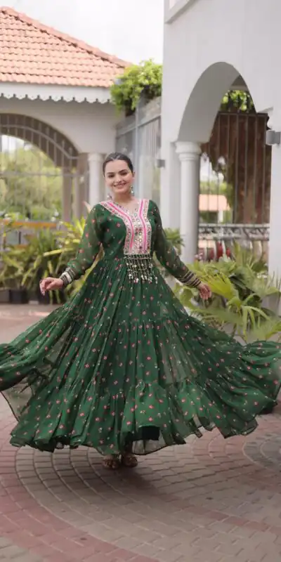 KA 1265 Green Color Faux Georgette Gown with Mirror Work. Wedding, Party, Festive, Events Get it for ₹1819. Delivery 4-6 Working Days.Online Shop now. | Bollywood Gowns, Creative Gowns, Designer Gowns, Embroidered Gowns, Gowns, Party Wear Gowns