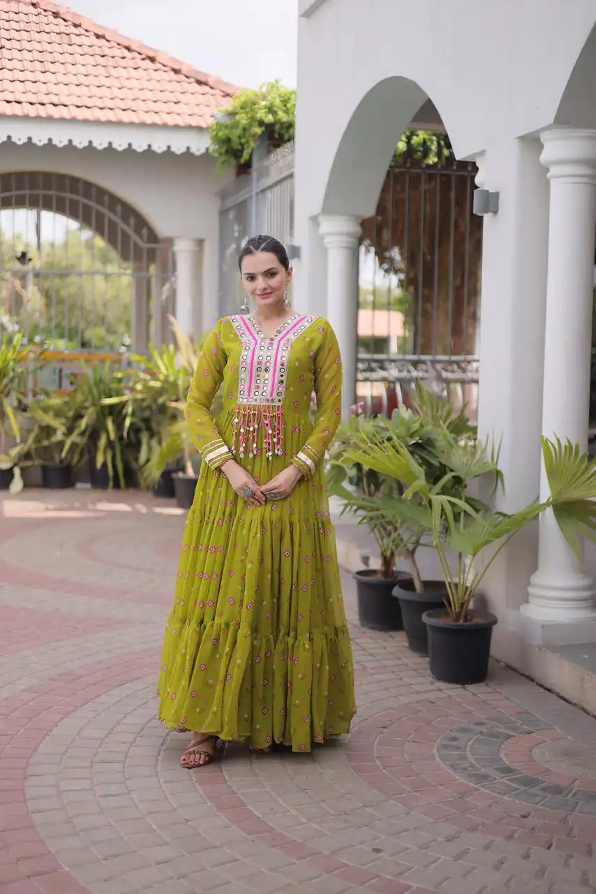 KA 1265 Lime Yellow Color Faux Georgette Gown with Mirror Work. Wedding, Party, Festive, Events Get it for ₹1819. Delivery 4-6 Working Days.Online Shop now. | Bollywood Gowns, Creative Gowns, Designer Gowns, Embroidered Gowns, Gowns, Party Wear Gowns