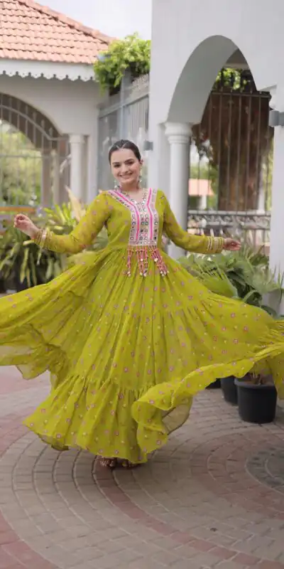 KA 1265 Lime Yellow Color Faux Georgette Gown with Mirror Work. Wedding, Party, Festive, Events Get it for ₹1819. Delivery 4-6 Working Days.Online Shop now. | Bollywood Gowns, Creative Gowns, Designer Gowns, Embroidered Gowns, Gowns, Party Wear Gowns