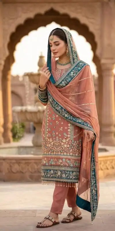 ZSR 3175 Peach Fox Georgette Salwar Suit with Embroidery Work & Sequins Work. Grab it for ₹2399. Delivery 4-6 Working Days. Shop now. | Jump Suits, Straight Suits, Casual Suits, Creative suits, Designer Suits, Palazzo Suits, Party Wear Suits, Patiala Suits, Salwar suit