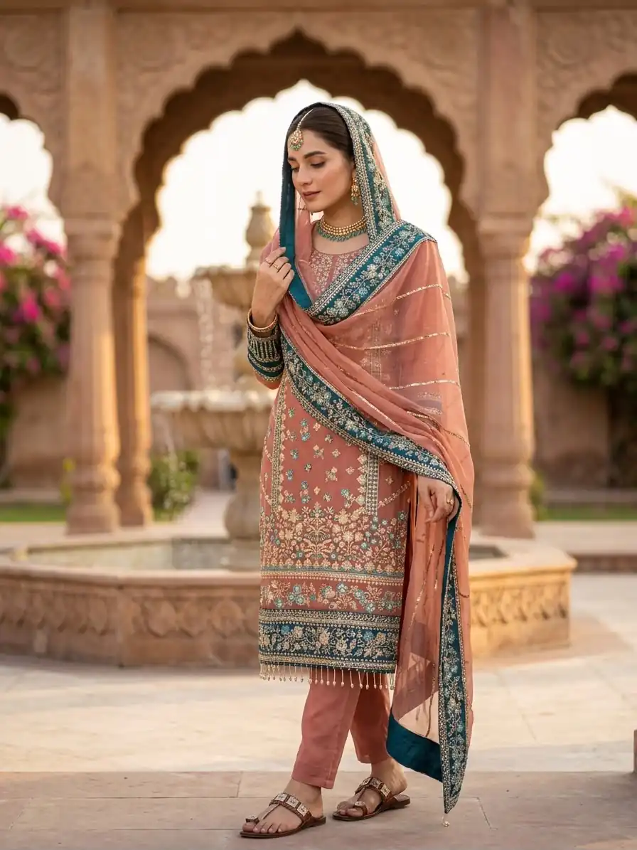 ZSR 3175 Peach Fox Georgette Salwar Suit with Embroidery Work & Sequins Work. Grab it for ₹2399. Delivery 4-6 Working Days. Shop now. | Jump Suits, Straight Suits, Casual Suits, Creative suits, Designer Suits, Palazzo Suits, Party Wear Suits, Patiala Suits, Salwar suit