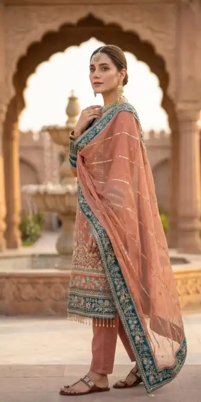 ZSR 3175 Peach Fox Georgette Salwar Suit with Embroidery Work & Sequins Work. Grab it for ₹2399. Delivery 4-6 Working Days. Shop now. | Jump Suits, Straight Suits, Casual Suits, Creative suits, Designer Suits, Palazzo Suits, Party Wear Suits, Patiala Suits, Salwar suit