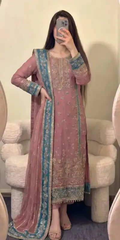 ZSR 3175 Peach Fox Georgette Salwar Suit with Embroidery Work & Sequins Work. Grab it for ₹2399. Delivery 4-6 Working Days. Shop now. | Jump Suits, Straight Suits, Casual Suits, Creative suits, Designer Suits, Palazzo Suits, Party Wear Suits, Patiala Suits, Salwar suit