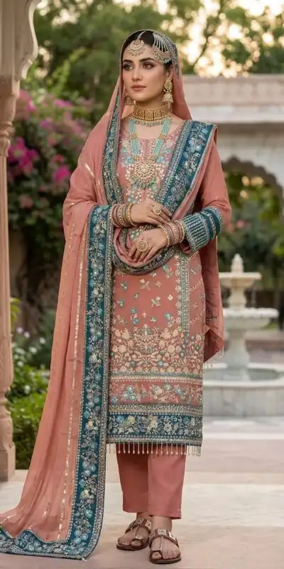 ZSR 3175 Peach Fox Georgette Salwar Suit with Embroidery Work & Sequins Work. Grab it for ₹2399. Delivery 4-6 Working Days. Shop now. | Jump Suits, Straight Suits, Casual Suits, Creative suits, Designer Suits, Palazzo Suits, Party Wear Suits, Patiala Suits, Salwar suit