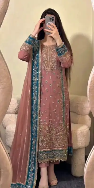 ZSR 3175 Peach Fox Georgette Salwar Suit with Embroidery Work & Sequins Work. Grab it for ₹2399. Delivery 4-6 Working Days. Shop now. | Jump Suits, Straight Suits, Casual Suits, Creative suits, Designer Suits, Palazzo Suits, Party Wear Suits, Patiala Suits, Salwar suit