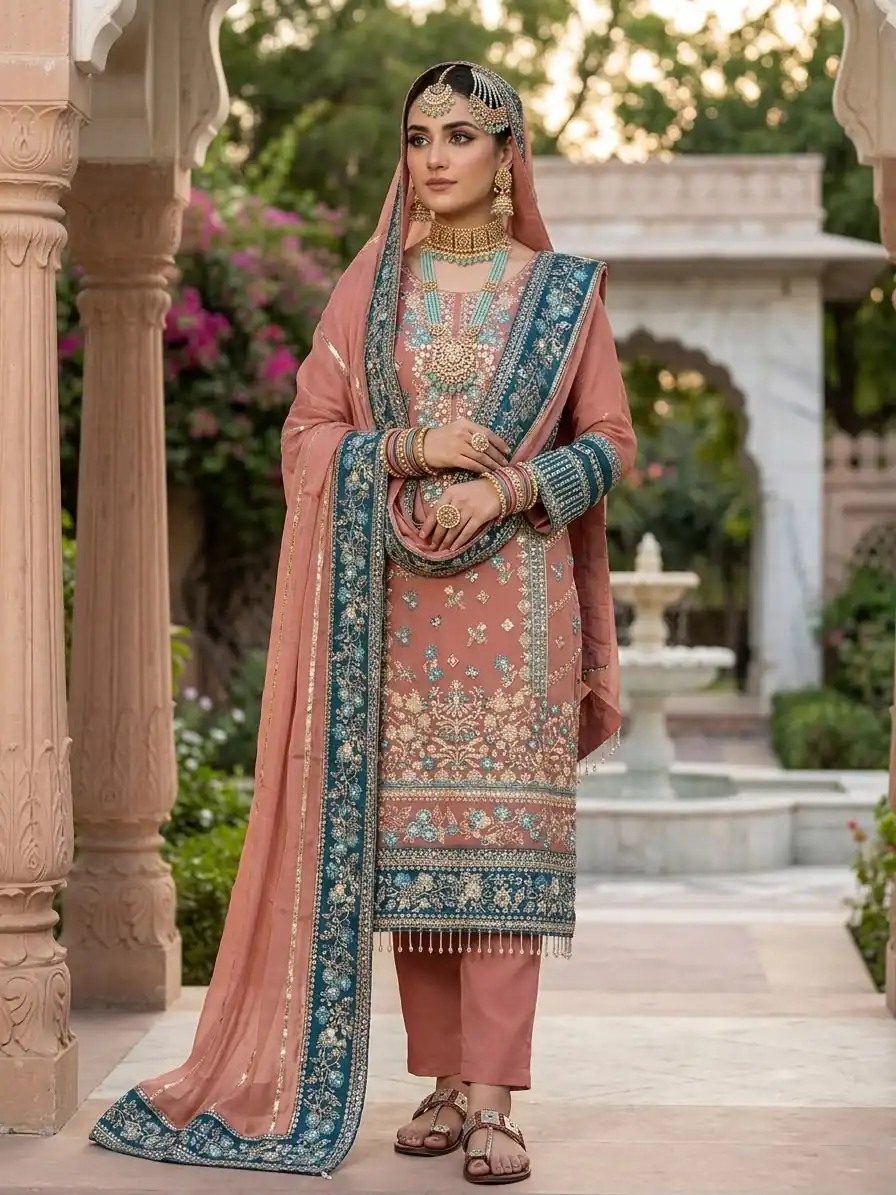 ZSR 3175 Peach Fox Georgette Salwar Suit with Embroidery Work & Sequins Work. Grab it for ₹2399. Delivery 4-6 Working Days. Shop now. | Jump Suits, Straight Suits, Casual Suits, Creative suits, Designer Suits, Palazzo Suits, Party Wear Suits, Patiala Suits, Salwar suit