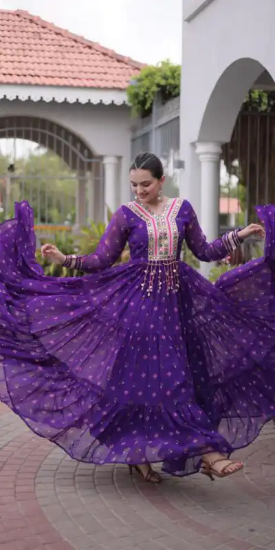 KA 1265 Purple Color Faux Georgette Gown with Mirror Work. Wedding, Party, Festive, Events Get it for ₹1819. Delivery 4-6 Working Days.Online Shop now. | Bollywood Gowns, Creative Gowns, Designer Gowns, Embroidered Gowns, Gowns, Party Wear Gowns