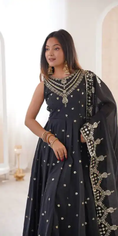 JF 038 Black Roman Silk Gown with Embroidery Work. Wedding, Party, Festive, Events, Navratri, Exclusive Offer ₹2149. Delivery 4-6 Working Days. Shop now. | Bollywood Gowns, Creative Gowns, Designer Gowns, Embroidered Gowns, Gowns, Party Wear Gowns