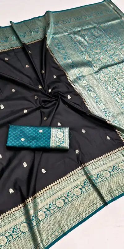 MB 6079 Black Soft Banarasi Silk Saree with Zari Work & Moti Work. Introductory Price ₹1949. Delivery 4-6 Working Days. Shop now. | Bollywood Sarees, Creative Sarees, Designer Sarees, Embroidered Sarees, Ethnic Saree, Modern Digital sarees, Party Wear Sarees, Sarees