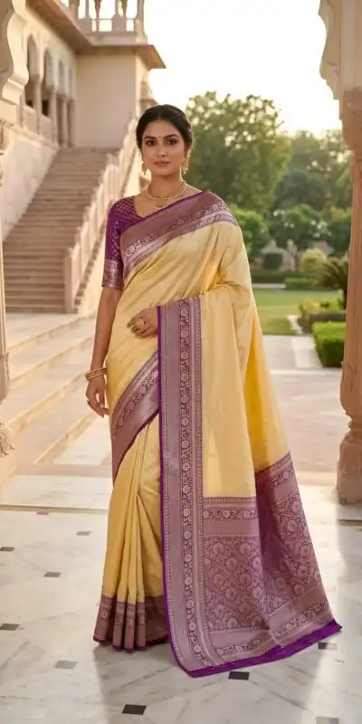 MB 6079 Cream Soft Banarasi Silk Saree with Zari Work & Moti Work. Introductory Price ₹1949. Delivery 4-6 Working Days. Shop now. | Bollywood Sarees, Creative Sarees, Designer Sarees, Embroidered Sarees, Ethnic Saree, Modern Digital sarees, Party Wear Sarees, Sarees