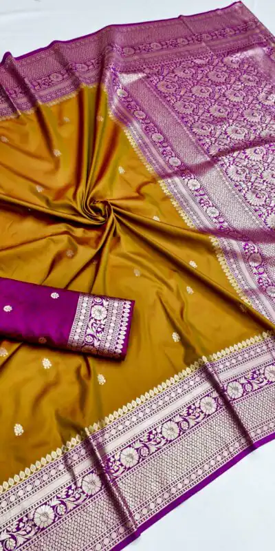 MB 6079 Mustered Soft Banarasi Silk Saree with Zari Work & Moti Work. Introductory Price ₹1949. Delivery 4-6 Working Days. Shop now. | Bollywood Sarees, Creative Sarees, Designer Sarees, Embroidered Sarees, Ethnic Saree, Modern Digital sarees, Party Wear Sarees, Sarees