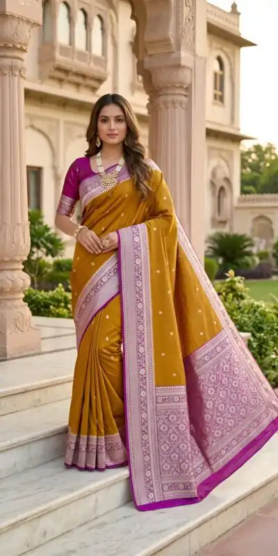 MB 6079 Mustered Soft Banarasi Silk Saree with Zari Work & Moti Work. Introductory Price ₹1949. Delivery 4-6 Working Days. Shop now. | Bollywood Sarees, Creative Sarees, Designer Sarees, Embroidered Sarees, Ethnic Saree, Modern Digital sarees, Party Wear Sarees, Sarees