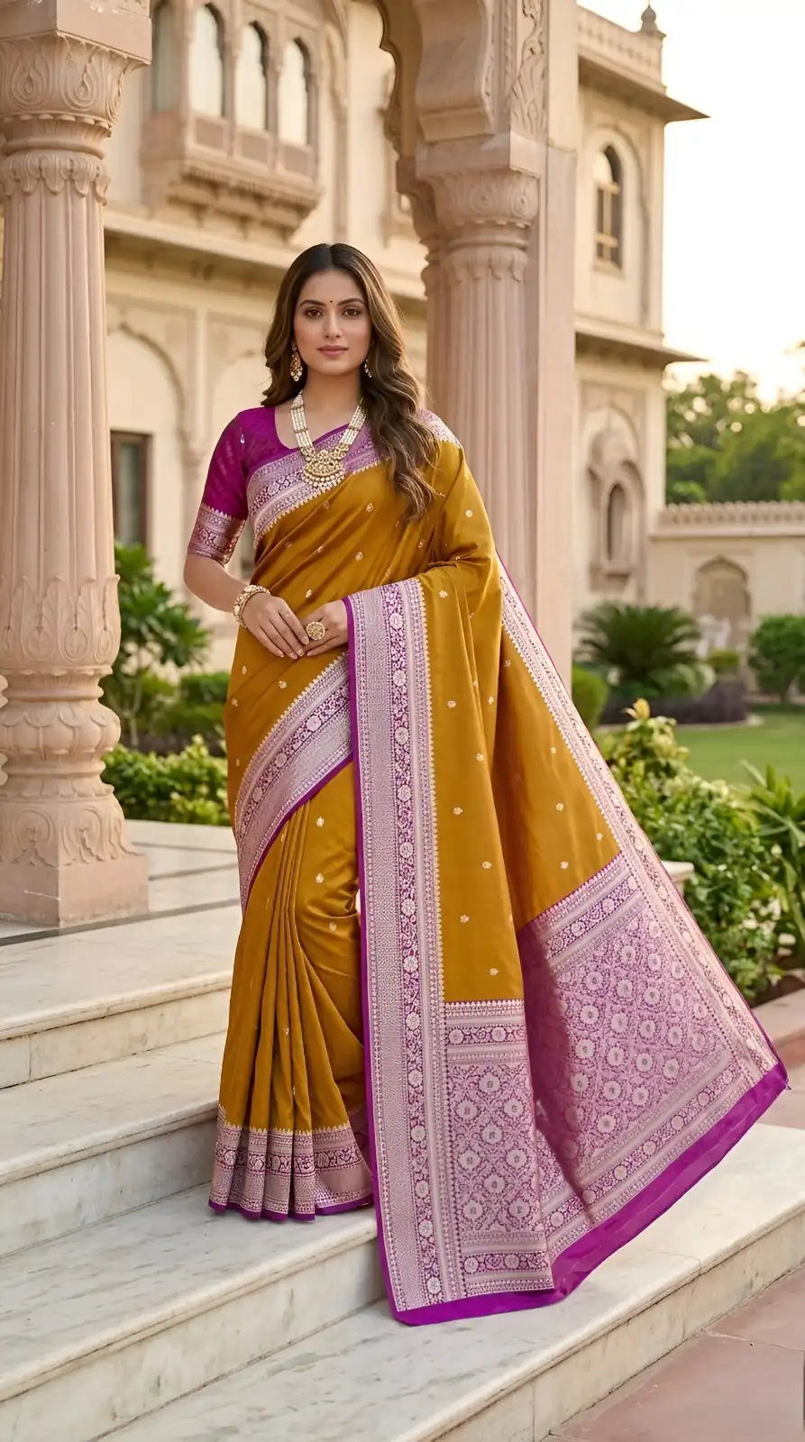 MB 6079 Mustered Soft Banarasi Silk Saree with Zari Work & Moti Work. Introductory Price ₹1949. Delivery 4-6 Working Days. Shop now. | Bollywood Sarees, Creative Sarees, Designer Sarees, Embroidered Sarees, Ethnic Saree, Modern Digital sarees, Party Wear Sarees, Sarees