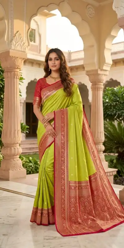 MB 6079 Parrot Green Soft Banarasi Silk Saree with Zari Work & Moti Work. Introductory Price ₹1949. Delivery 4-6 Working Days. Shop now. | Bollywood Sarees, Creative Sarees, Designer Sarees, Embroidered Sarees, Ethnic Saree, Modern Digital sarees, Party Wear Sarees, Sarees