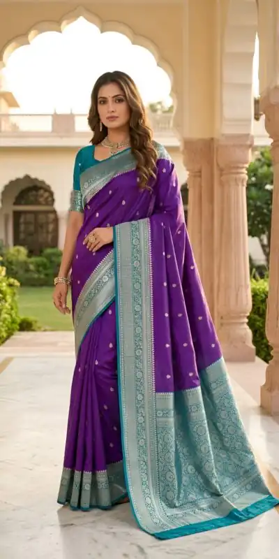 MB 6079 Purple Soft Banarasi Silk Saree with Zari Work & Moti Work. Introductory Price ₹1949. Delivery 4-6 Working Days. Shop now. | Bollywood Sarees, Creative Sarees, Designer Sarees, Embroidered Sarees, Ethnic Saree, Modern Digital sarees, Party Wear Sarees, Sarees