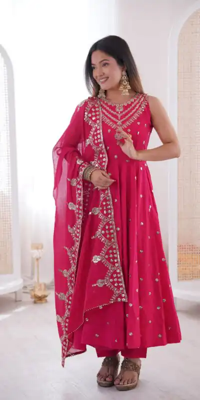 JF 038 Rani Pink Roman Silk Gown with Embroidery Work. Wedding, Party, Events, Navratri, Exclusive Offer ₹2149. Delivery 4-6 Working Days. Shop now. | Bollywood Gowns, Creative Gowns, Designer Gowns, Embroidered Gowns, Gowns, Party Wear Gowns