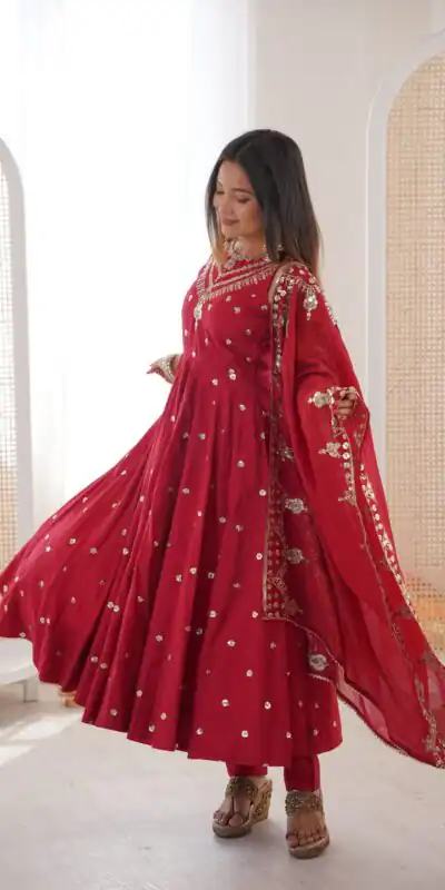 JF 038 Red Roman Silk Gown with Embroidery Work. Wedding, Party, Festive, Events, Navratri, Exclusive Offer ₹2149. Delivery 4-6 Working Days. Shop now. | Bollywood Gowns, Creative Gowns, Designer Gowns, Embroidered Gowns, Gowns, Party Wear Gowns