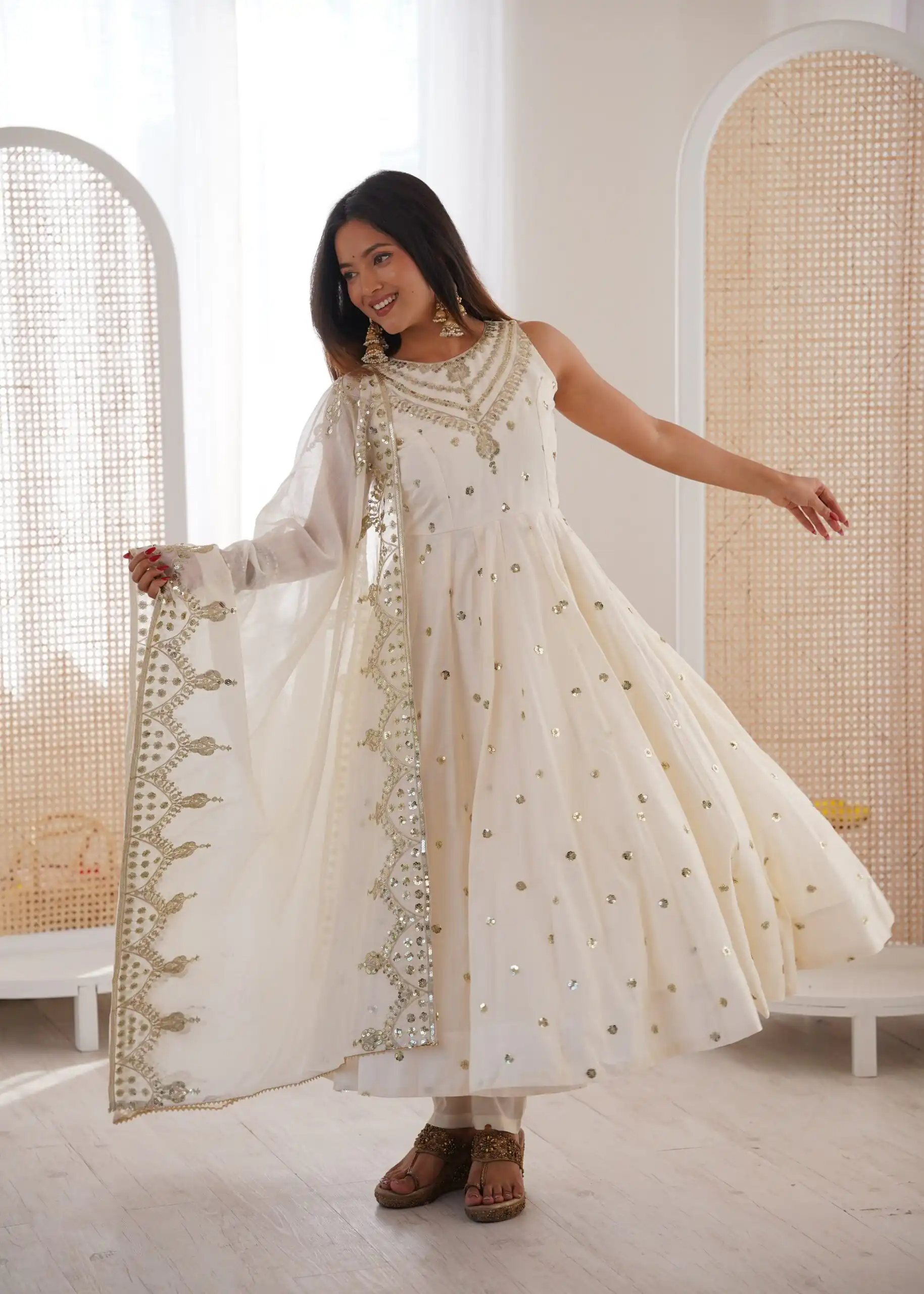 JF 038 White Roman Silk Gown with Embroidery Work. Wedding, Party, Festive, Events, Navratri, Exclusive Offer ₹2149. Delivery 4-6 Working Days. Shop now. | Bollywood Gowns, Creative Gowns, Designer Gowns, Embroidered Gowns, Gowns, Party Wear Gowns