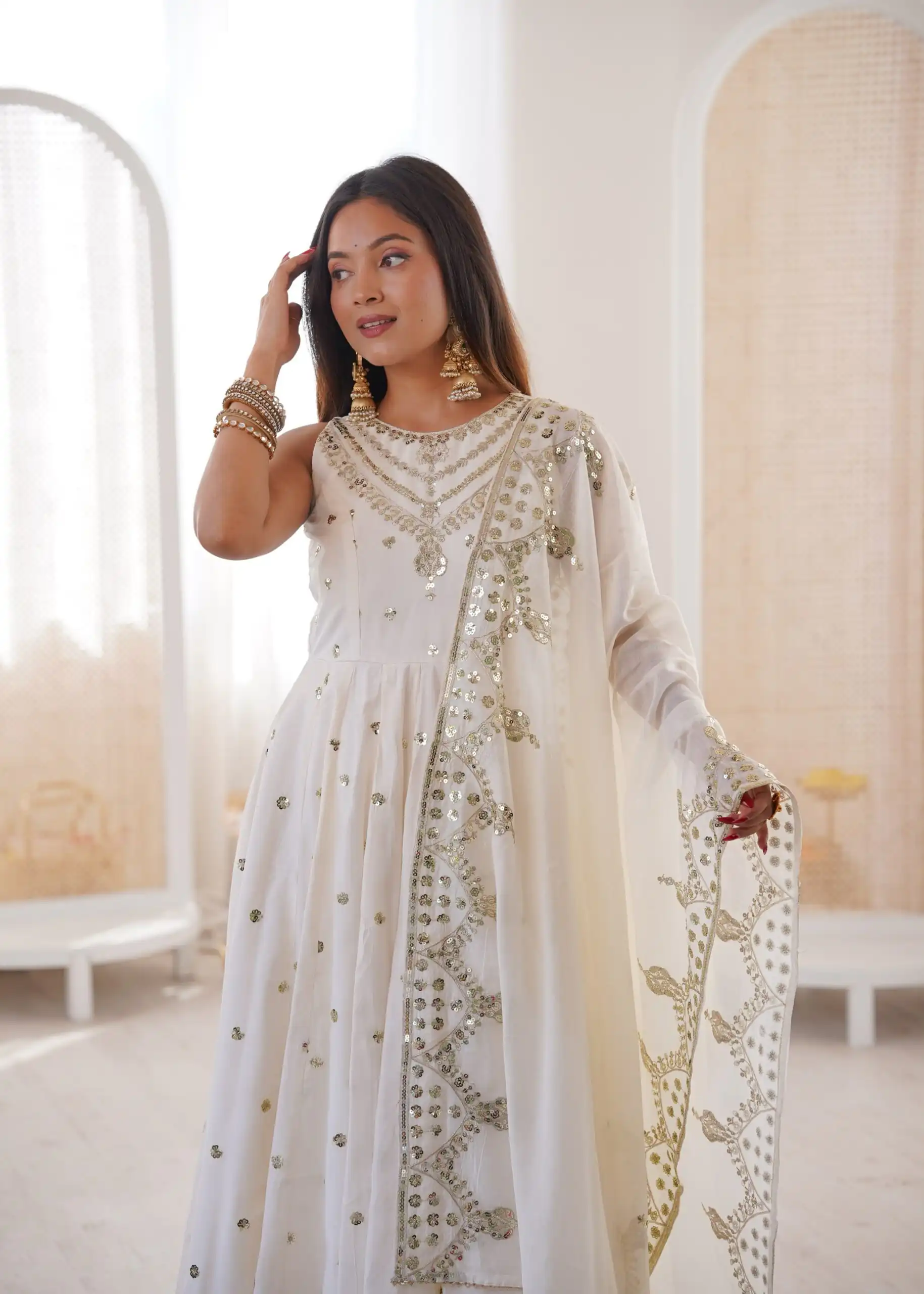 JF 038 White Roman Silk Gown with Embroidery Work. Wedding, Party, Festive, Events, Navratri, Exclusive Offer ₹2149. Delivery 4-6 Working Days. Shop now. | Bollywood Gowns, Creative Gowns, Designer Gowns, Embroidered Gowns, Gowns, Party Wear Gowns