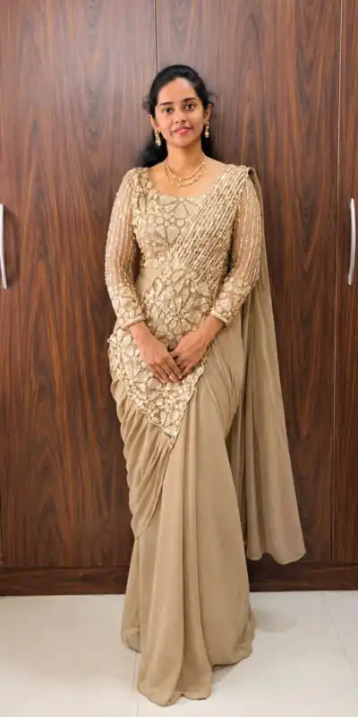 ST 1201 Chiku in Faux Georgette Zari Work & Embroidery Work Saree. Special Price ₹1899. Delivery 4-6 Working Days. Shop now. | Bollywood Sarees, Creative Sarees, Designer Sarees, Embroidered Sarees, Ethnic Saree, Modern Digital sarees, Party Wear Sarees, Sarees