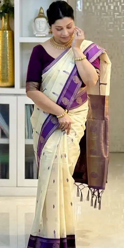 KPR 308 Cream in Soft Lichi Silk Jacquard Work Designer Work Saree . Exclusive Offer ₹1449. Delivery 4-6 Working Days. Shop now. | Bollywood Sarees, Creative Sarees, Designer Sarees, Embroidered Sarees, Ethnic Saree, Modern Digital sarees, Party Wear Sarees, Sarees