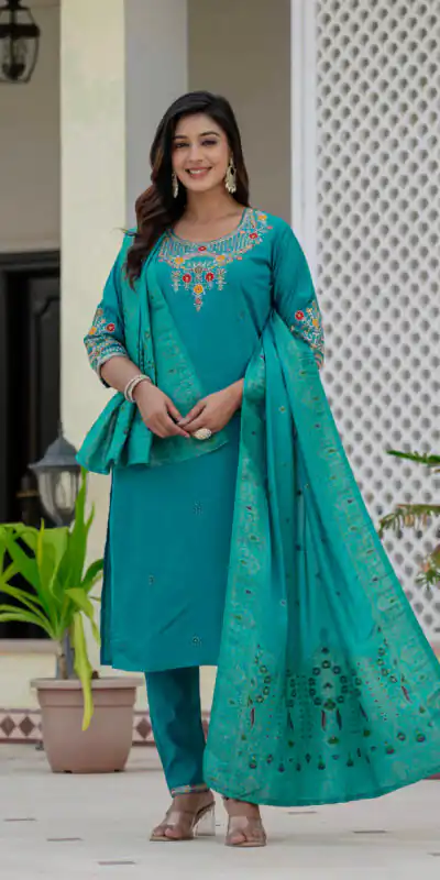 DIVA 125 | Firozi Roman Silk Salwar Suit with Sequins Work & Embroidery Work. Available at ₹1799 only. Delivery 4-6 Working Days. Shop now. | Jump Suits, Straight Suits, Casual Suits, Creative suits, Designer Suits, Palazzo Suits, Party Wear Suits, Patiala Suits, Salwar suit