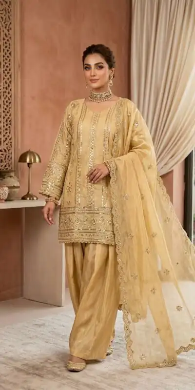 KD 1583 Golden | Golden Zimmy Silk Salwar Suit with Sequins Work. Special Price ₹1699. Delivery 4-6 Working Days. Shop now. | Jump Suits, Straight Suits, Casual Suits, Creative suits, Designer Suits, Palazzo Suits, Party Wear Suits, Patiala Suits, Salwar suit