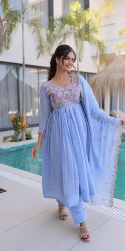 KA 1239 Lavender Roman Silk Gown Perfect for Wedding, Party, Reception, Karwa Chauth, Baby Shower – . Now at just ₹2599. Delivery 4-6 Working Days. Shop | Bollywood Gowns, Casual Suits, Creative Gowns, Designer Gowns, Embroidered Gowns, Gowns, Party Wear Gowns