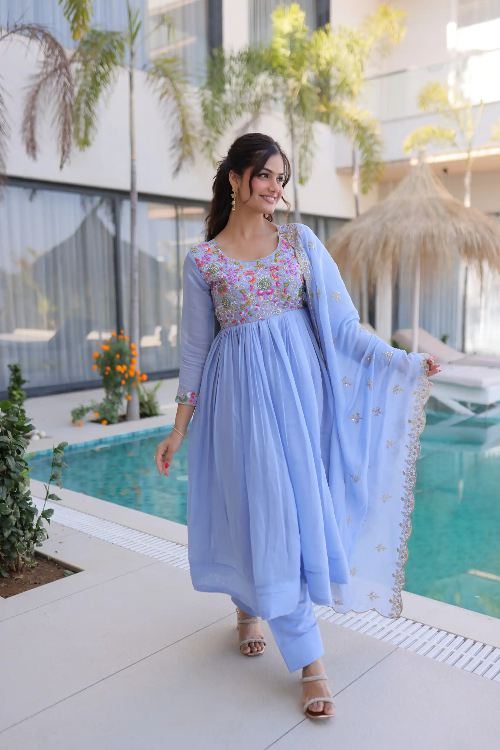 KA 1239 Lavender Roman Silk Gown Perfect for Wedding, Party, Reception, Karwa Chauth, Baby Shower – . Now at just ₹2599. Delivery 4-6 Working Days. Shop | Bollywood Gowns, Casual Suits, Creative Gowns, Designer Gowns, Embroidered Gowns, Gowns, Party Wear Gowns