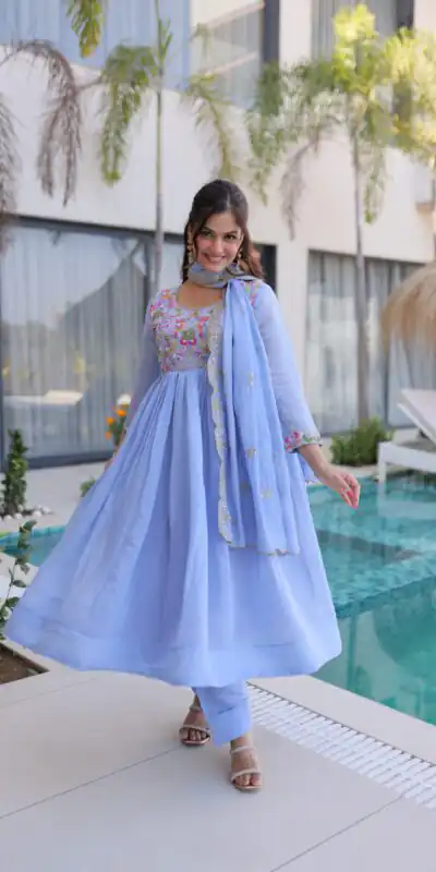 KA 1239 Lavender Roman Silk Gown Perfect for Wedding, Party, Reception, Karwa Chauth, Baby Shower – . Now at just ₹2599. Delivery 4-6 Working Days. Shop | Bollywood Gowns, Casual Suits, Creative Gowns, Designer Gowns, Embroidered Gowns, Gowns, Party Wear Gowns