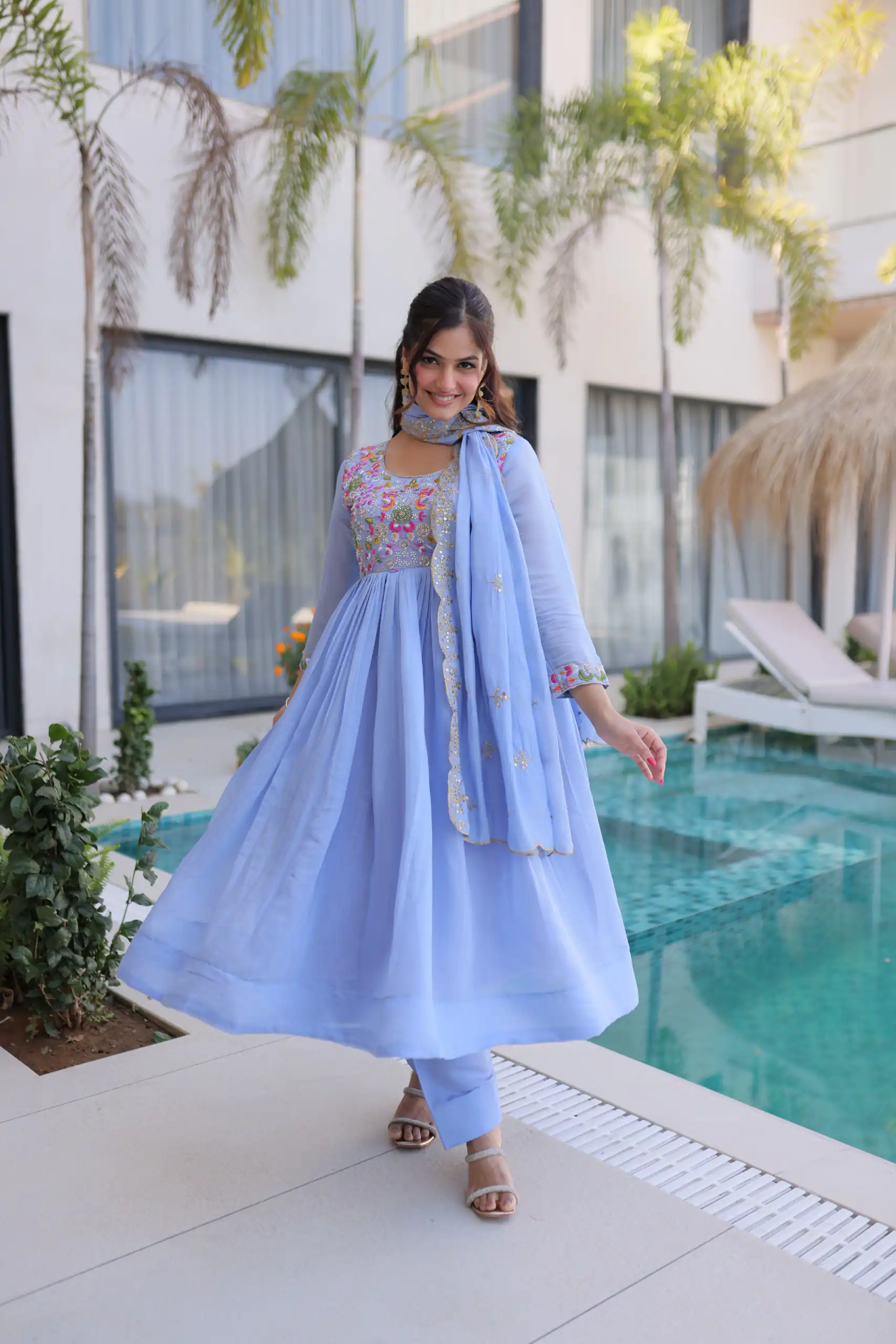KA 1239 Lavender Roman Silk Gown Perfect for Wedding, Party, Reception, Karwa Chauth, Baby Shower – . Now at just ₹2599. Delivery 4-6 Working Days. Shop | Bollywood Gowns, Casual Suits, Creative Gowns, Designer Gowns, Embroidered Gowns, Gowns, Party Wear Gowns
