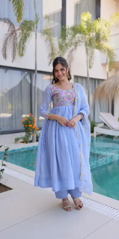 KA 1239 Lavender Roman Silk Gown Perfect for Wedding, Party, Reception, Karwa Chauth, Baby Shower – . Now at just ₹2599. Delivery 4-6 Working Days. Shop | Bollywood Gowns, Casual Suits, Creative Gowns, Designer Gowns, Embroidered Gowns, Gowns, Party Wear Gowns