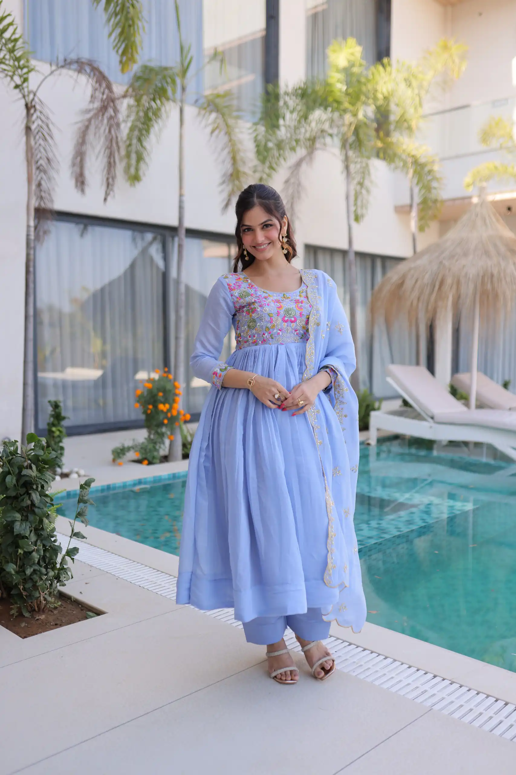 KA 1239 Lavender Roman Silk Gown Perfect for Wedding, Party, Reception, Karwa Chauth, Baby Shower – . Now at just ₹2599. Delivery 4-6 Working Days. Shop | Bollywood Gowns, Casual Suits, Creative Gowns, Designer Gowns, Embroidered Gowns, Gowns, Party Wear Gowns