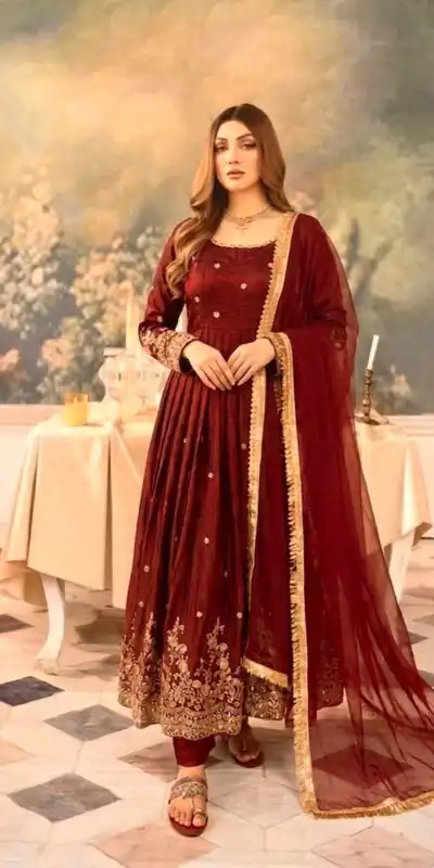 JF 051 Maroon | Maroon Fendy Silk Gown with Embroidery Work & Sequins Work. Special Price ₹2399. Delivery 4-6 Working Days. Shop now. | Bollywood Gowns, Creative Gowns, Designer Gowns, Embroidered Gowns, Gowns, Party Wear Gowns