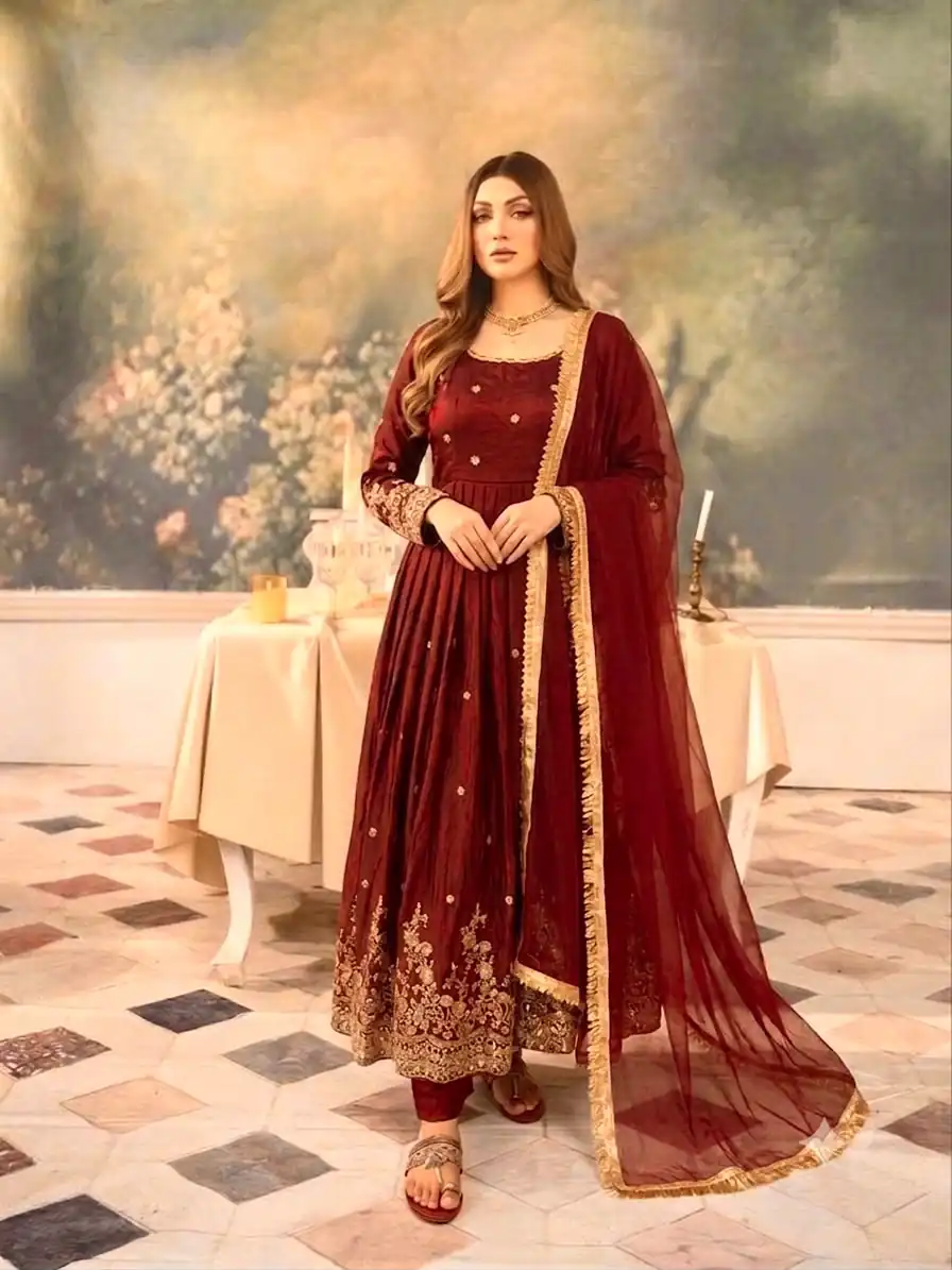 JF 051 Maroon | Maroon Fendy Silk Gown with Embroidery Work & Sequins Work. Special Price ₹2399. Delivery 4-6 Working Days. Shop now. | Bollywood Gowns, Creative Gowns, Designer Gowns, Embroidered Gowns, Gowns, Party Wear Gowns