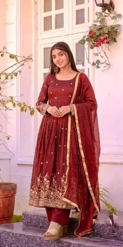 JF 051 Maroon | Maroon Fendy Silk Gown with Embroidery Work & Sequins Work. Special Price ₹2399. Delivery 4-6 Working Days. Shop now. | Bollywood Gowns, Creative Gowns, Designer Gowns, Embroidered Gowns, Gowns, Party Wear Gowns
