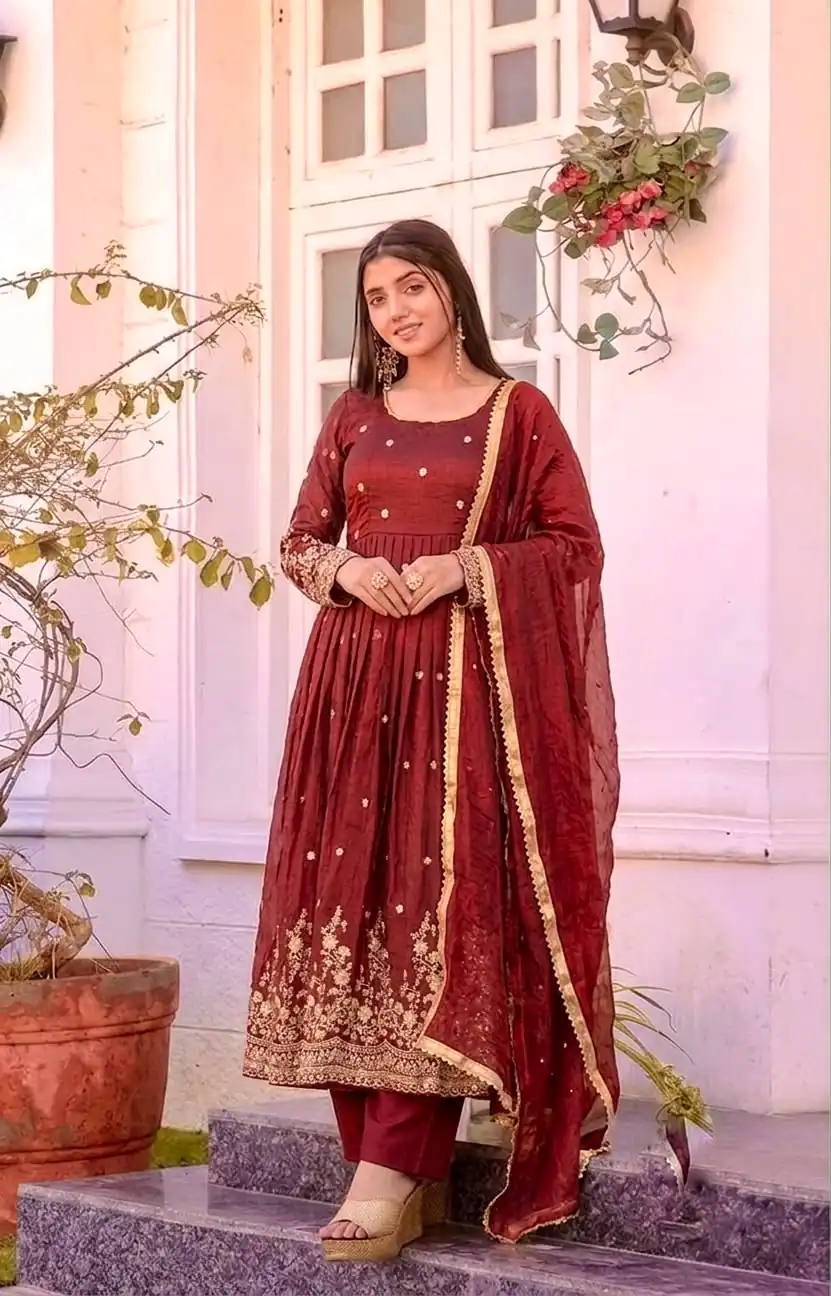 JF 051 Maroon | Maroon Fendy Silk Gown with Embroidery Work & Sequins Work. Special Price ₹2399. Delivery 4-6 Working Days. Shop now. | Bollywood Gowns, Creative Gowns, Designer Gowns, Embroidered Gowns, Gowns, Party Wear Gowns