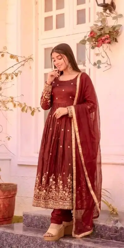 JF 051 Maroon | Maroon Fendy Silk Gown with Embroidery Work & Sequins Work. Special Price ₹2399. Delivery 4-6 Working Days. Shop now. | Bollywood Gowns, Creative Gowns, Designer Gowns, Embroidered Gowns, Gowns, Party Wear Gowns