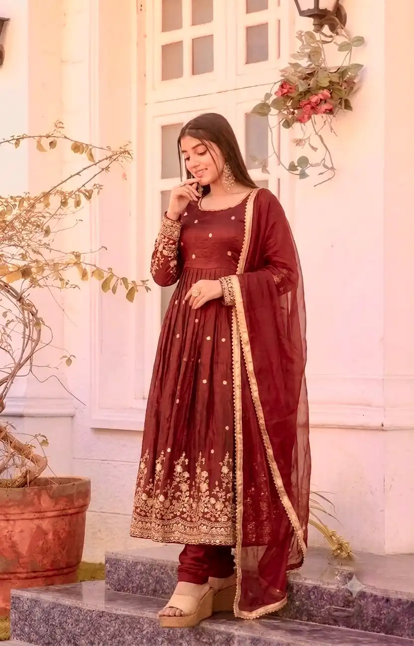 JF 051 Maroon | Maroon Fendy Silk Gown with Embroidery Work & Sequins Work. Special Price ₹2399. Delivery 4-6 Working Days. Shop now. | Bollywood Gowns, Creative Gowns, Designer Gowns, Embroidered Gowns, Gowns, Party Wear Gowns