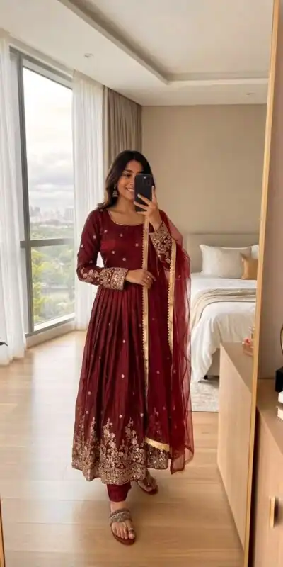 JF 051 Maroon | Maroon Fendy Silk Gown with Embroidery Work & Sequins Work. Special Price ₹2399. Delivery 4-6 Working Days. Shop now. | Bollywood Gowns, Creative Gowns, Designer Gowns, Embroidered Gowns, Gowns, Party Wear Gowns