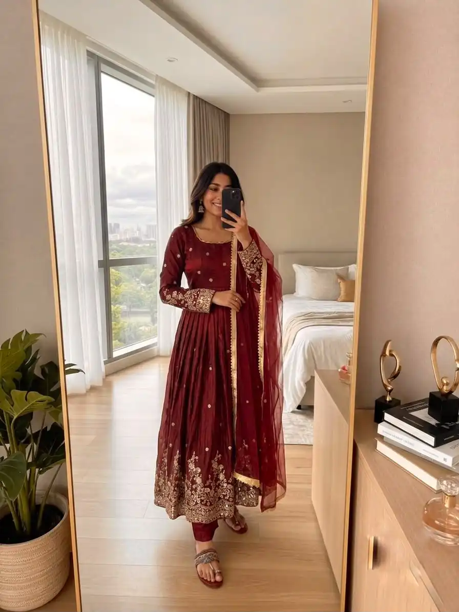 JF 051 Maroon | Maroon Fendy Silk Gown with Embroidery Work & Sequins Work. Special Price ₹2399. Delivery 4-6 Working Days. Shop now. | Bollywood Gowns, Creative Gowns, Designer Gowns, Embroidered Gowns, Gowns, Party Wear Gowns
