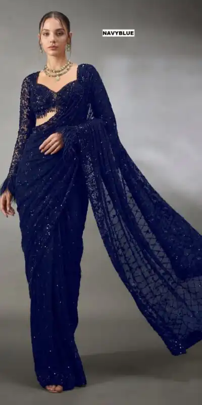 DF 3474 Navy Blue Faux Georgette Saree Perfect for Wedding, Party, Bridal Wear, Baisakhi, Raksha Bandhan –. Introductory Price ₹1799. Delivery 4-6 Workin | Bollywood Sarees, Creative Sarees, Designer Sarees, Embroidered Sarees, Ethnic Saree, Modern Digital sarees, Party Wear Sarees, Sarees